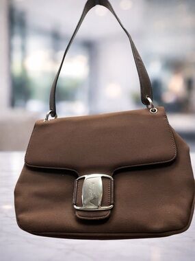 Authentic Salvatore Ferragamo Brown Shoulder Bag with Silver Buckle